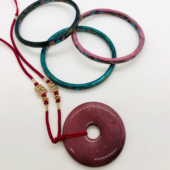 Vintage Cloisonne Bangles & Stone Pendant Necklace - Picture 5 of 11